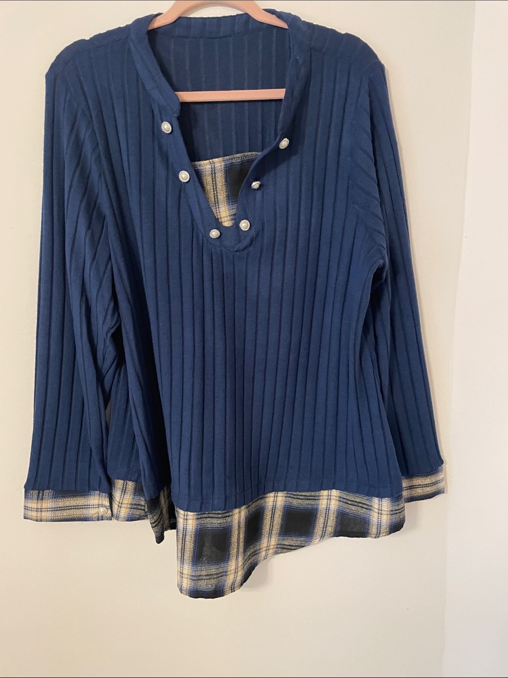 Women's Navy Ribbed Button-Accent Pullover with Plaid Hem